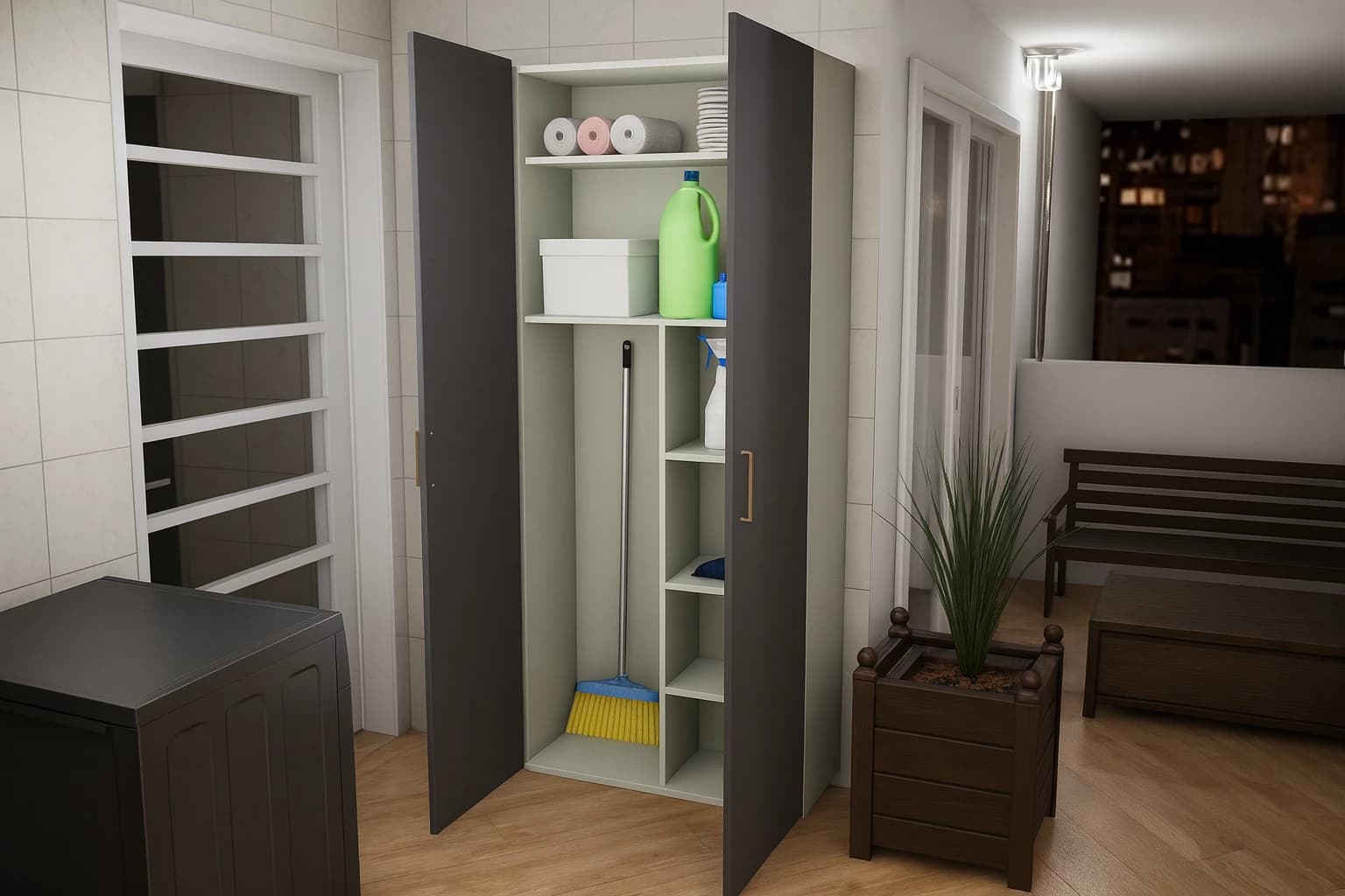 Lavanderia planejada com armário multiuso alto