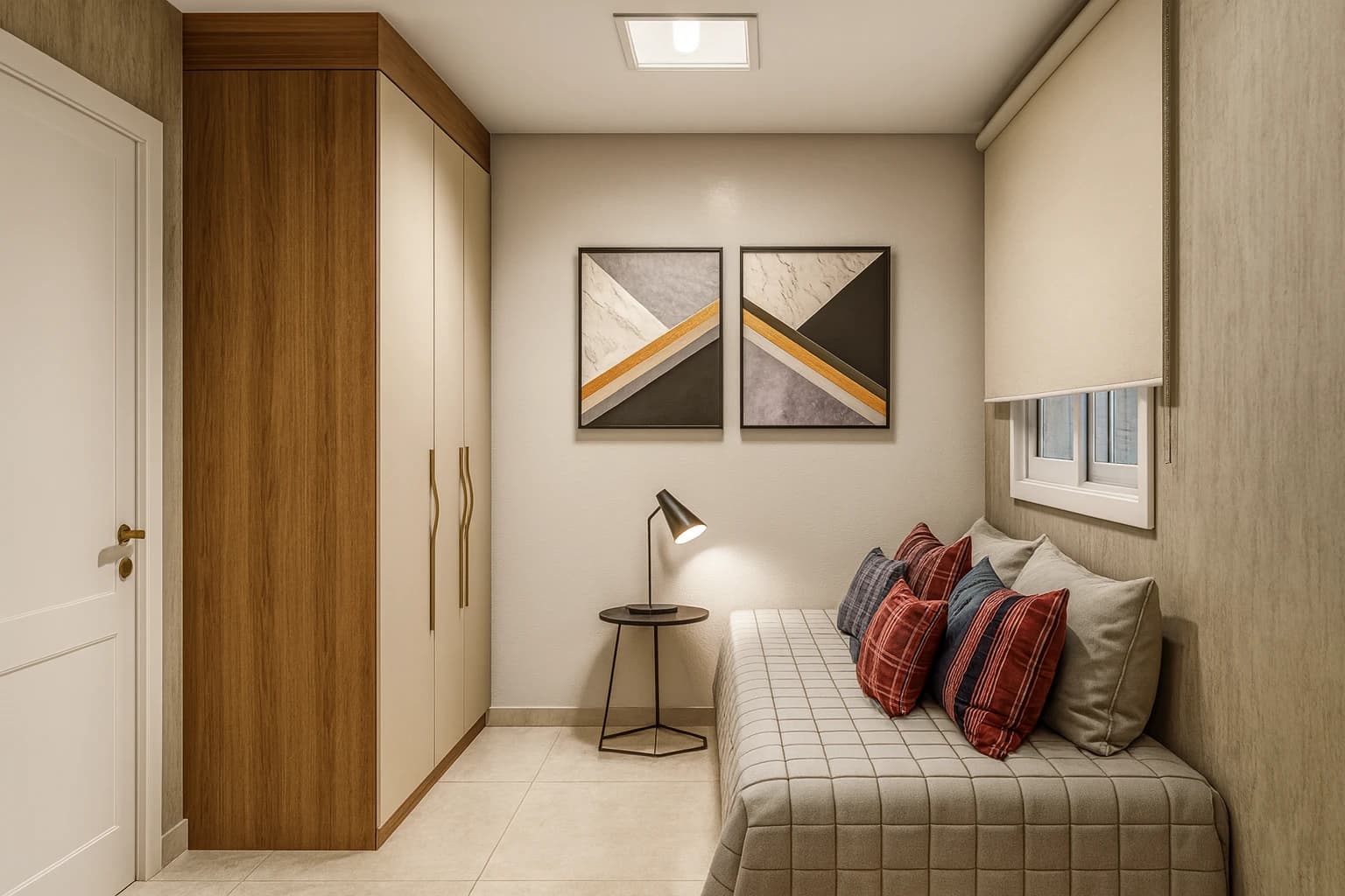 Quarto Aconchegante : Ambiente com paredes em tons neutros, móveis em madeira clara e estofado em tecido suave. Destaque para a arte geométrica e iluminação suave, promovendo conforto e funcionalidade.